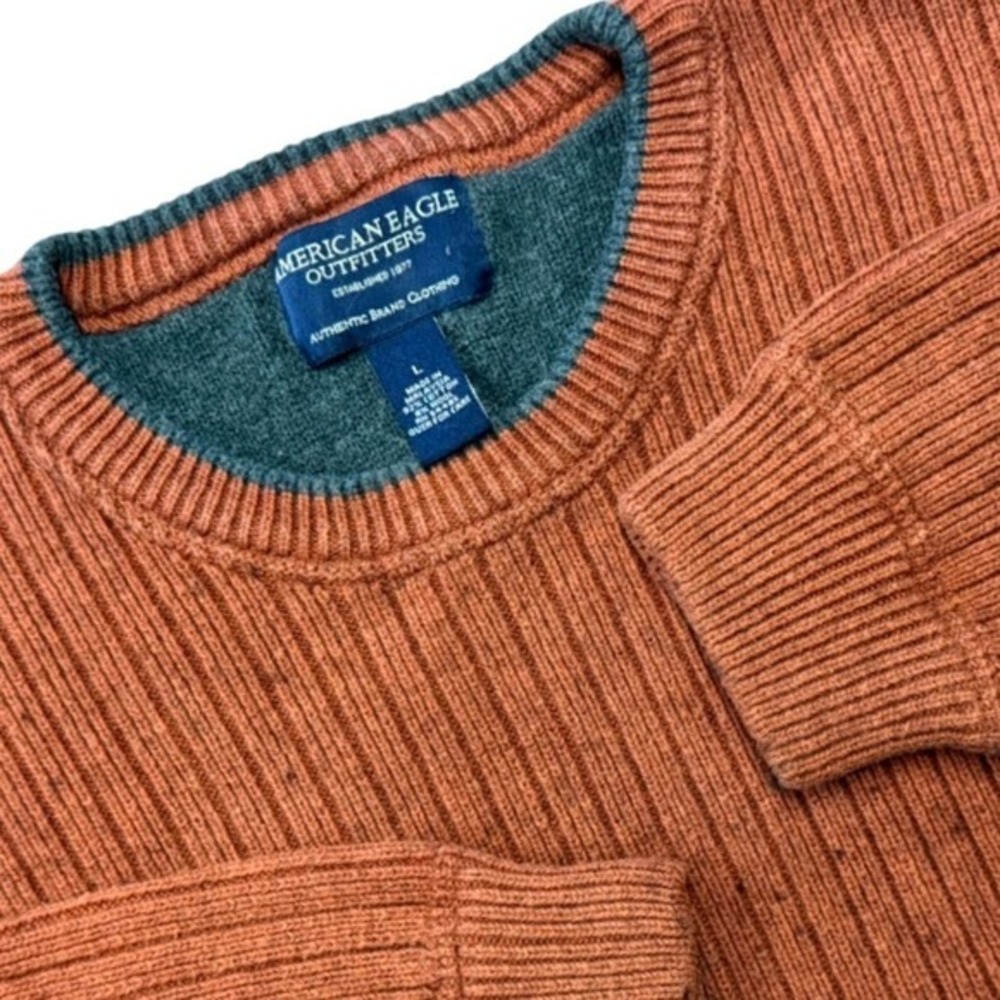 American Eagle Size L Cotton Wool Blend Men's Ribbed Crew‎ Neck Sweater Orange